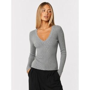 Sundance Gray Ribbed Knit V-Neck Organic Cotton Blend Sweater XS